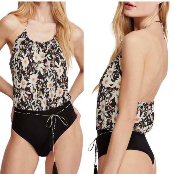 Free People Floral Blousy Halter Liza Bodysuit Medium - Picture 1 of 8